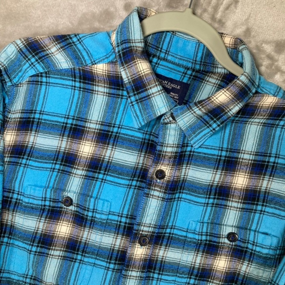 American Eagle Outfitters Mens Blue Plaid Flannel Shirt Prep Fit Large L/G
